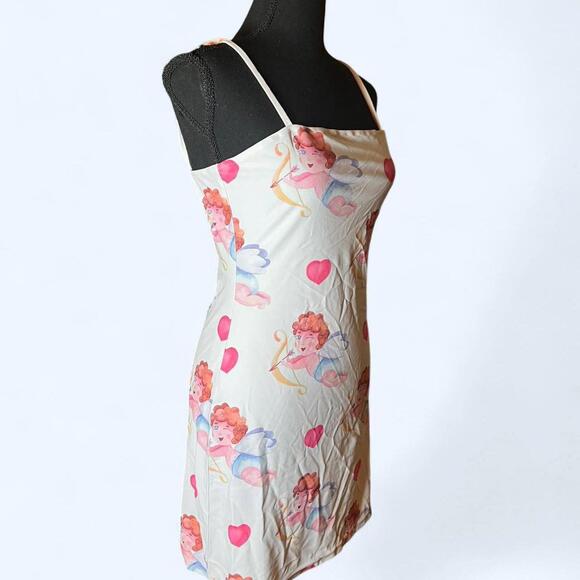 Y2K Cupid Cherub Heart Print Mini Slip Dress Coquette Valentine Size Small 💘 - Picture 4 of 7